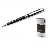 Набор "Pierre Cardin": шариковая ручка + зажигалка. Ручка шариковая, латунь, лак. Зажигалка газовая турбо, сплав цинка, хромированное покрытие + лак.